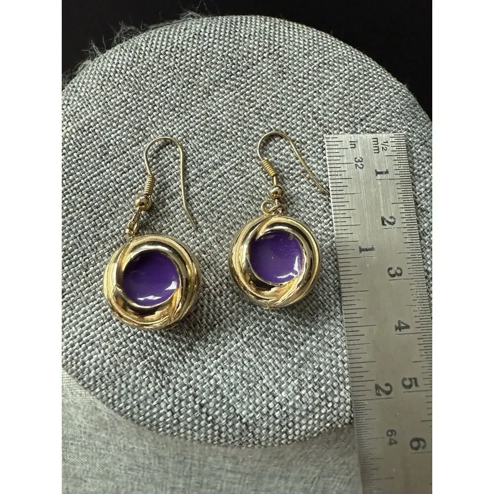 Vintage Enamel Round Hook Earrings Gold Tone Purple Pierced Career Workwear